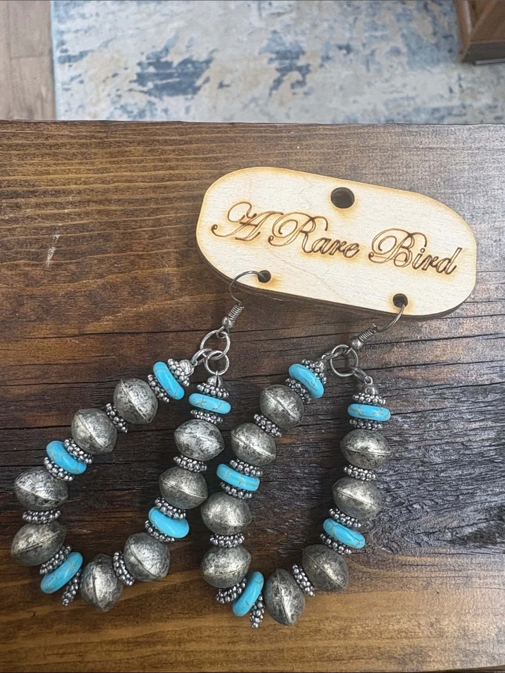 A Rare Bird Turquoise and Antiqued Silver Beaded Hoop Earrings